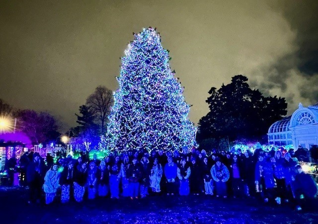 The high school choir performs at the Lights Before Christmas at the zoo. 